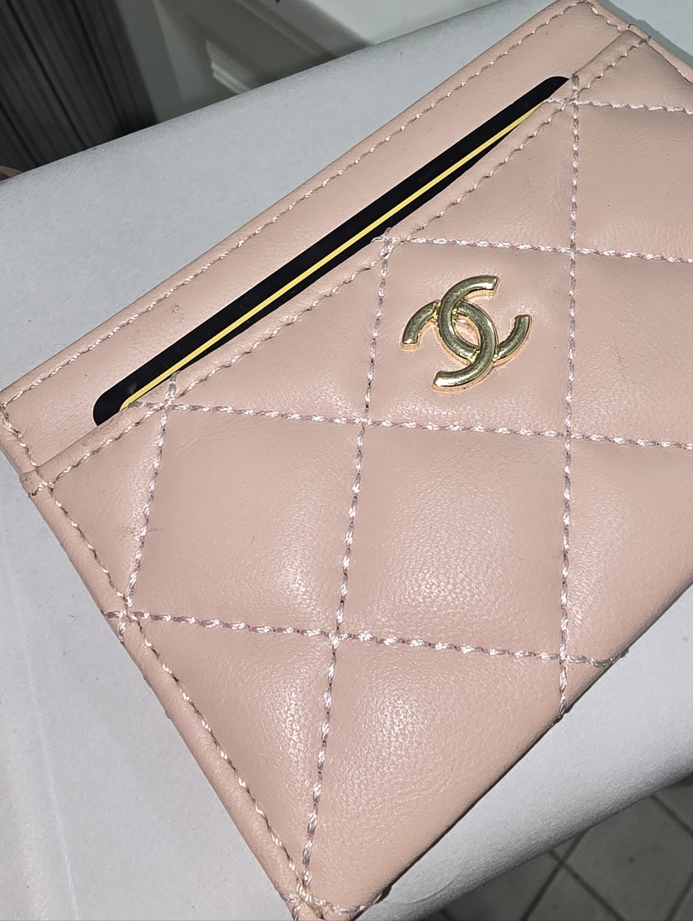 Sleek Neutral Plush Cavi Apricot Pink Cardholder W/gold Detail